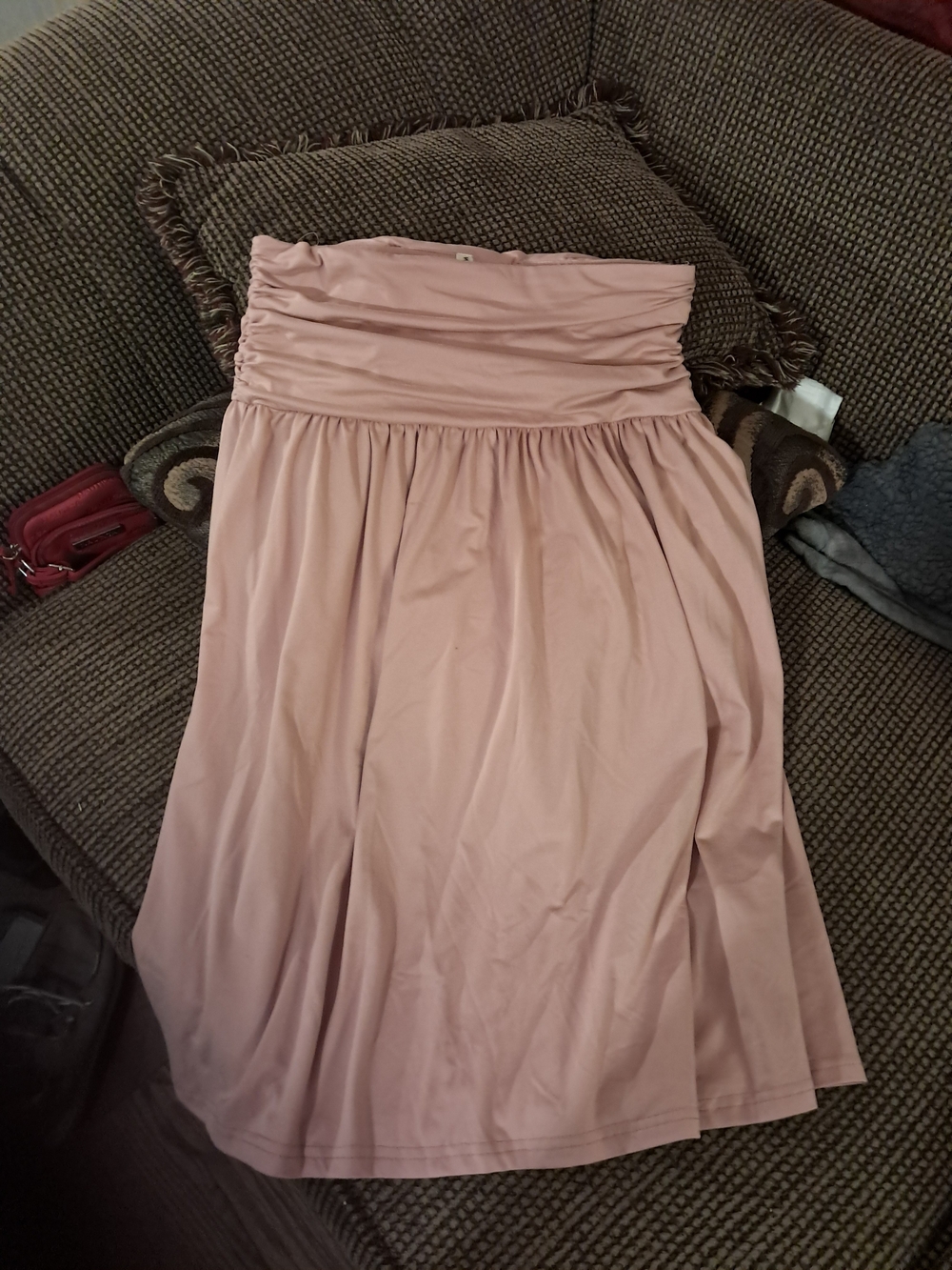 Ruched Waist Strapless Midi Skirt in Dusty Pink